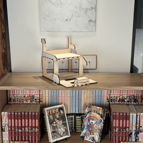 Animation du tiroir de rangement manga TirManga en bois, accès aux mangas à l’avant et à l’arrière sur étagère